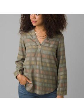 Prana Indra Top Popover Organic Cotton Long Sleeve Green Multicolor Size M